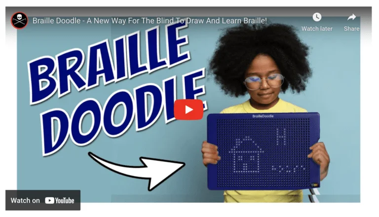 The Blind Life video thumbnail showing a girl holding a BrailleDoodle tactile tablet.