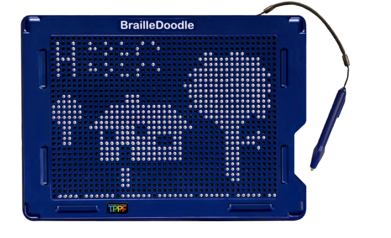 BrailleDoodle Doodle Side showing a tactile house and tree drawn with raised metal dots using the magnetic stylus.