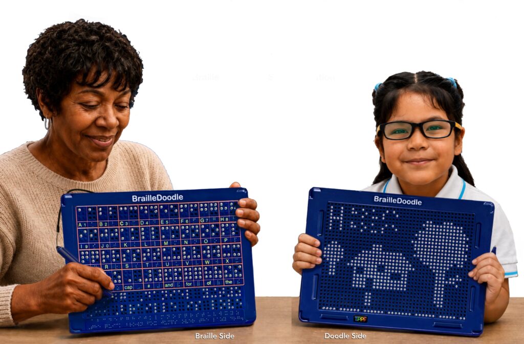 An adult and a child hold BrailleDoodle tablets against a white background, showing the braille practice side and the tactile drawing side.