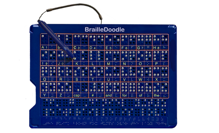 BrailleDoodle Braille Side with alphabet examples, large and standard braille practice cells, writing rows, and a magnetic stylus.